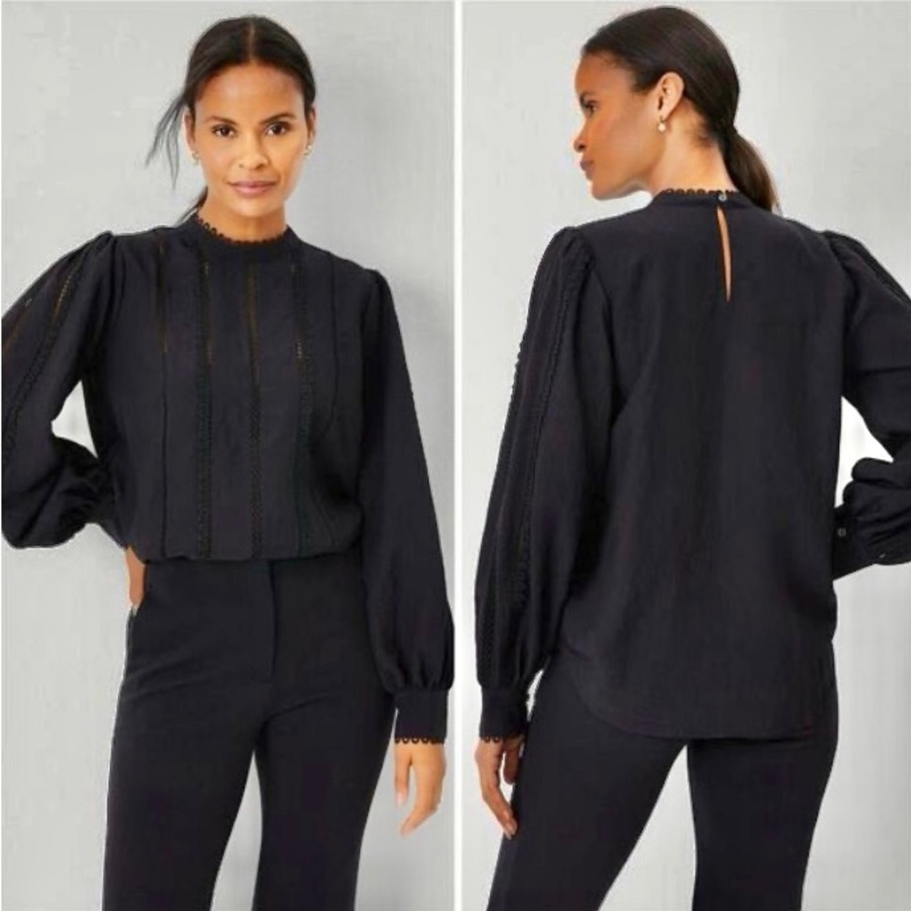 Ann Taylor Eyelet Pintucked Long Sleeve Blouse Black Size M